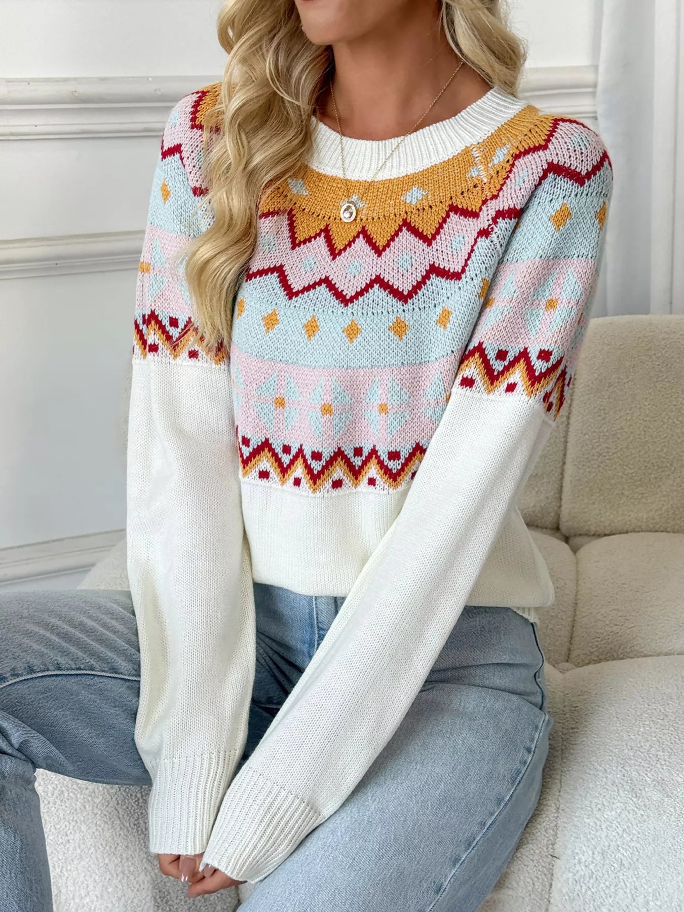 Contrast Round Neck Long Sleeve Sweater 