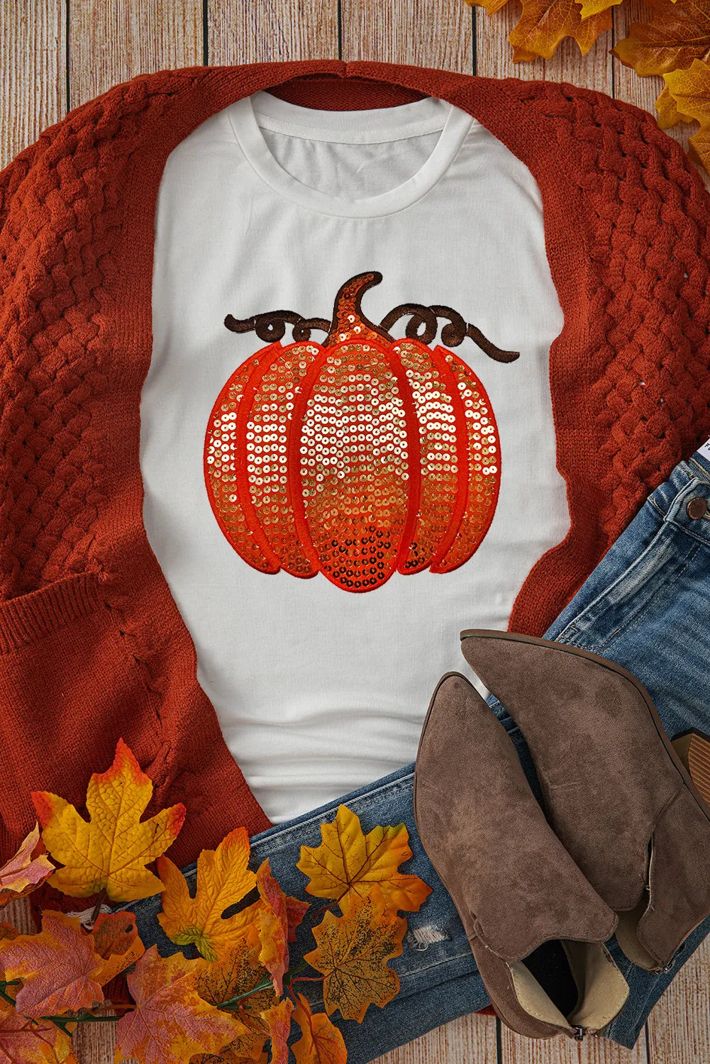 Full Size Sequin Pumpkin Round Neck Short Sleeve T-Shirt 