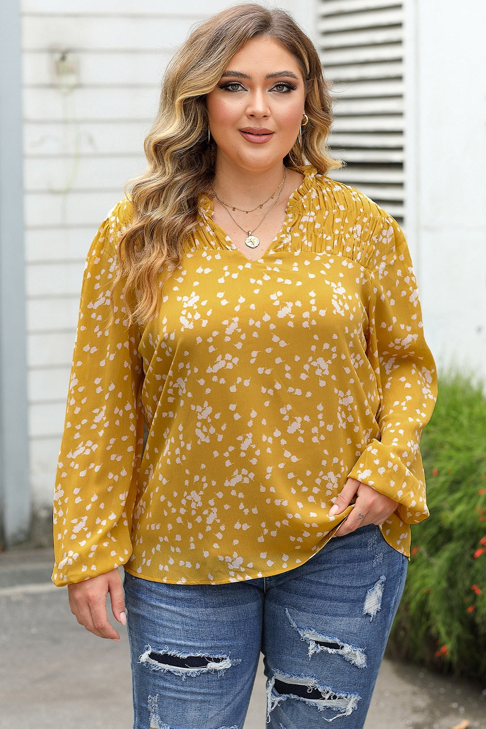 Plus Size Notched Neck Smocked Blouse 