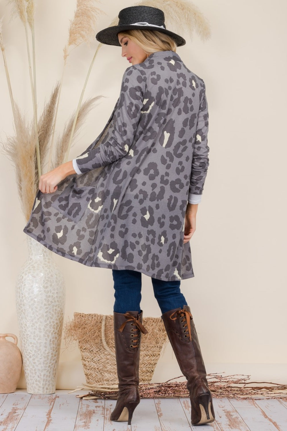 Celeste Full Size Leopard Open Front Contrast Cardigan 
