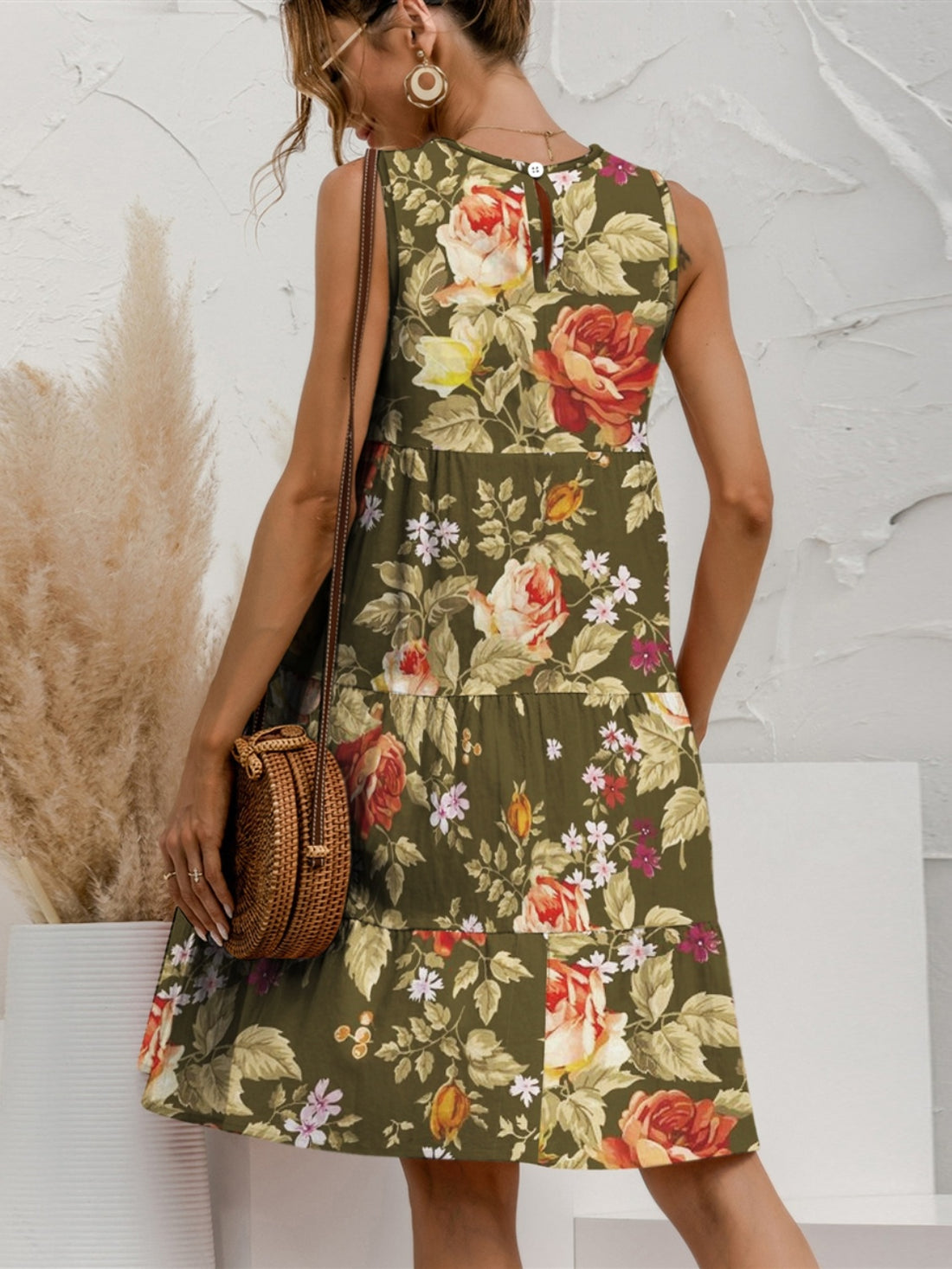 FAM-FAM Tiered Printed Round Neck Sleeveless Dress 