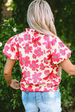 Beige Floral Puff Sleeve Frilled Neckline Blouse Tops/Blouses & Shirts