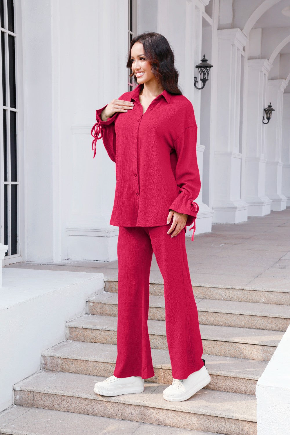 Drawstring Flounce Sleeve Shirt and Pants Set 