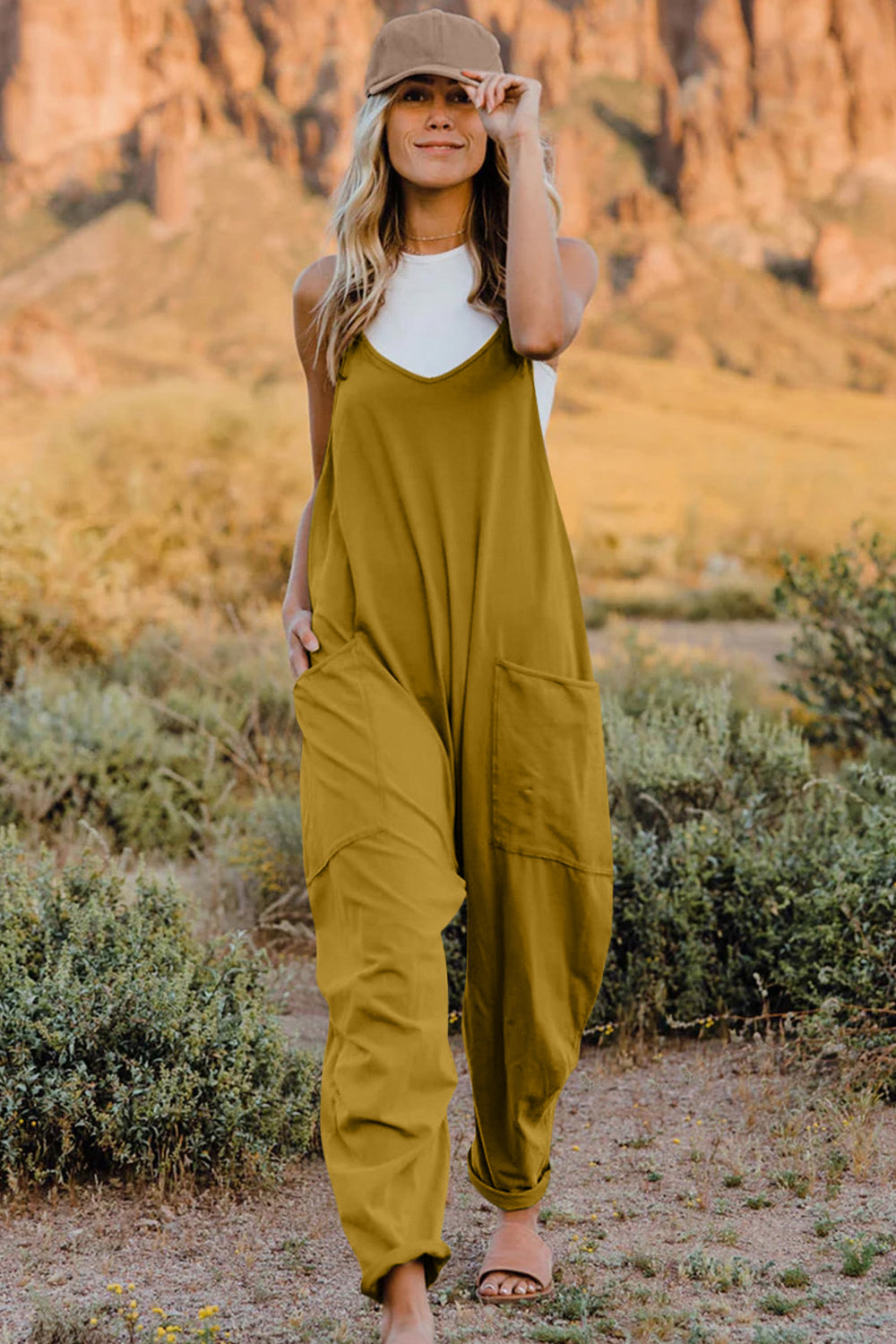 Double Take Full Size V-Neck Sleeveless Jumpsuit with Pockets 