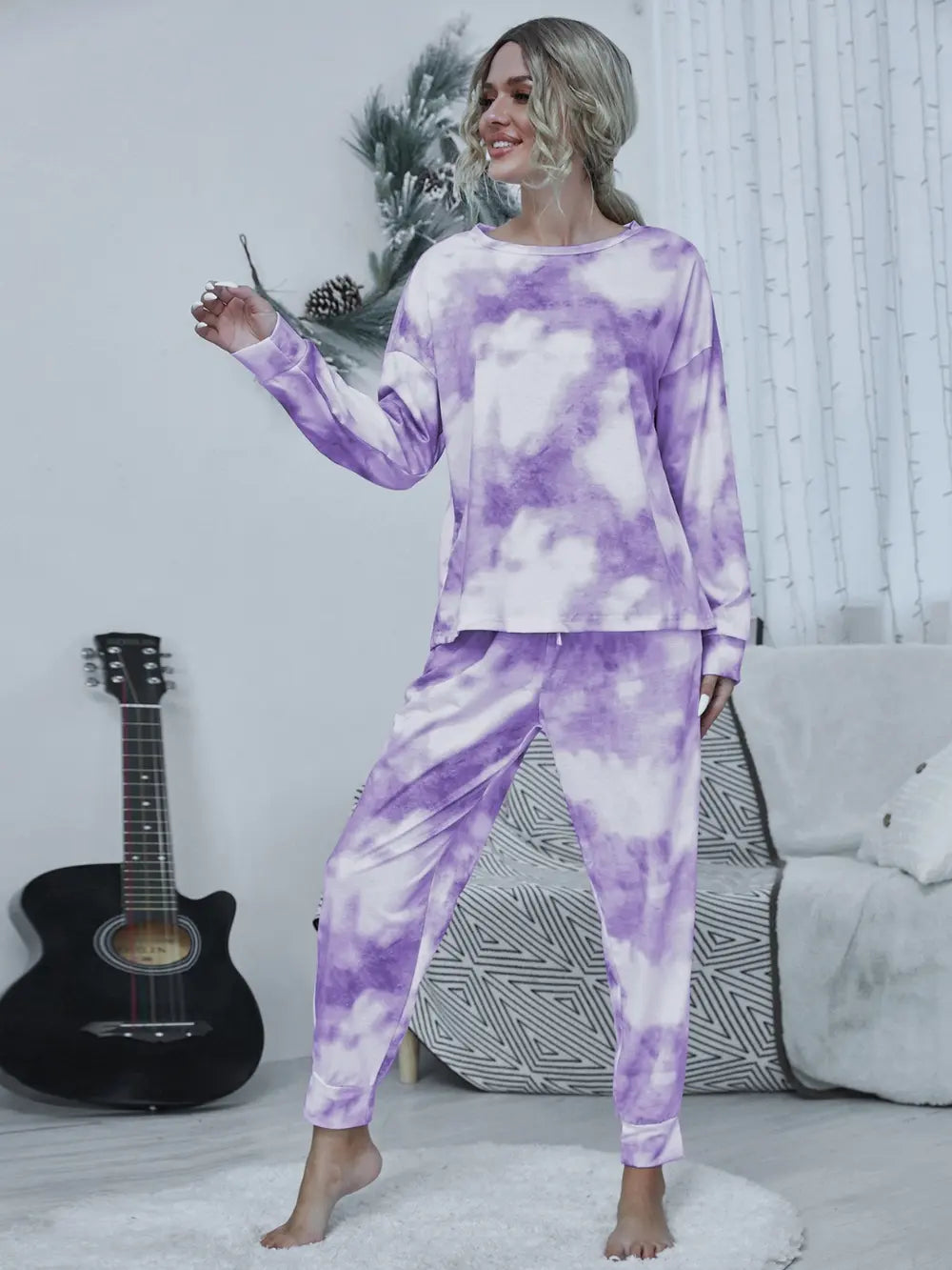 Shiny Tie-dye Round Neck Top and Drawstring Pants Lounge Set Lingerie & Nightwear