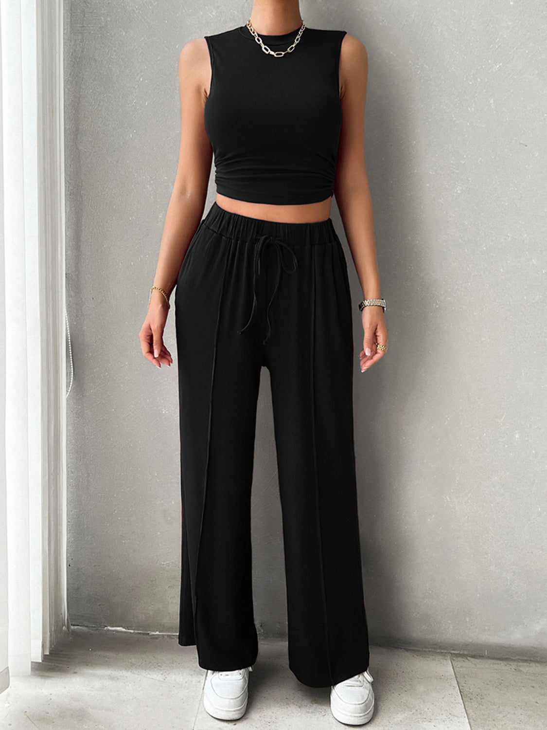 Devine Mock Neck Sleeveless Top and Drawstring Pants Set 