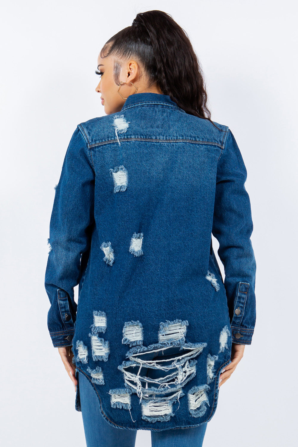 American Bazi Distressed Button Up Long Sleeve Denim Jacket 