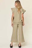 Double Take Texture Ruffle Short Sleeve Top and Drawstring Wide Leg Pants Set 