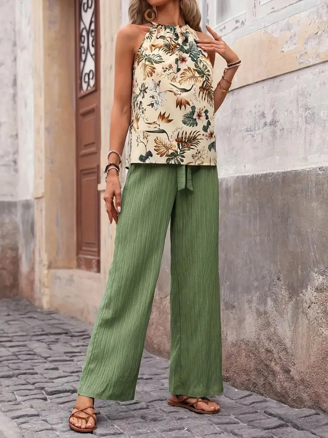 Printed Tank Top and Wide Leg Pants Set Two Piece Dresses