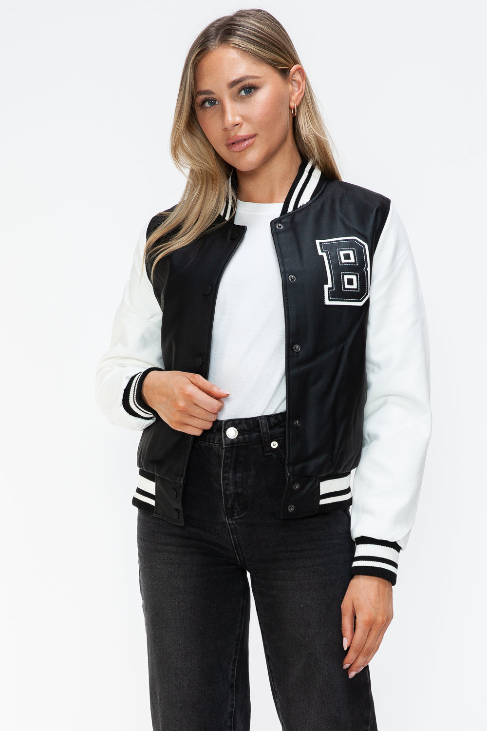 Love Me Now PU Leather Contrast Snap Down Bomber Jacket 