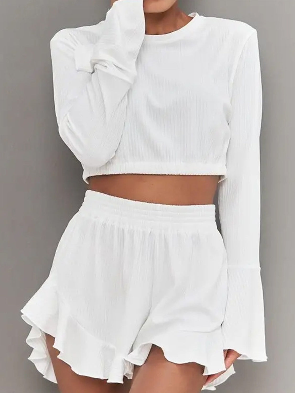 Round Neck Long Sleeve Top and Ruffled Shorts Set 