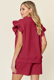 Double Take Full Size Texture Flounce Sleeve Top and Drawstring Shorts Set 