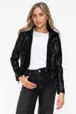 Snobbish Faux Leather Zip Up Drawstring Hooded Jacket 