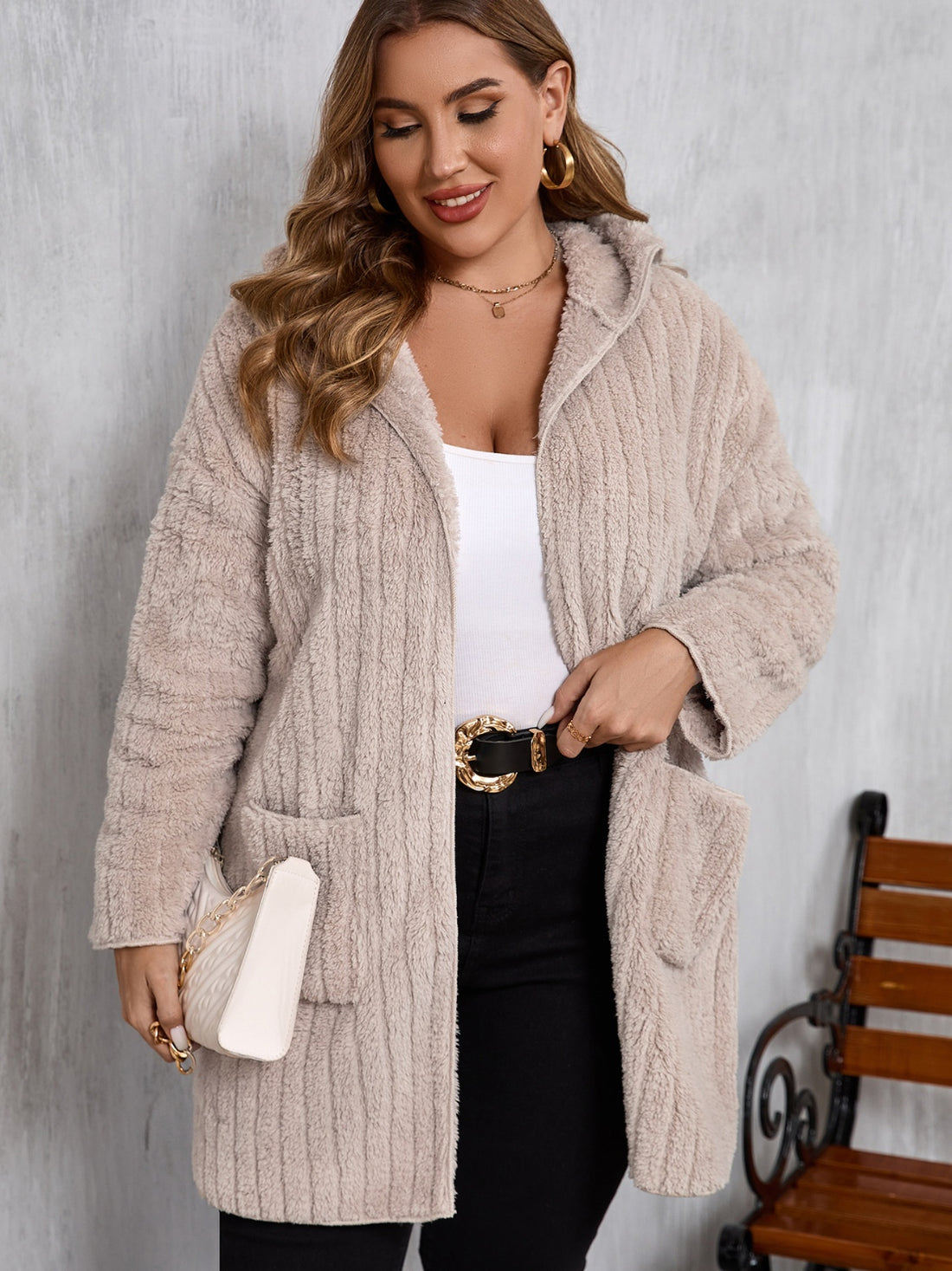 Plus Size Open Front Long Sleeve Hooded Fuzzy Jacket 