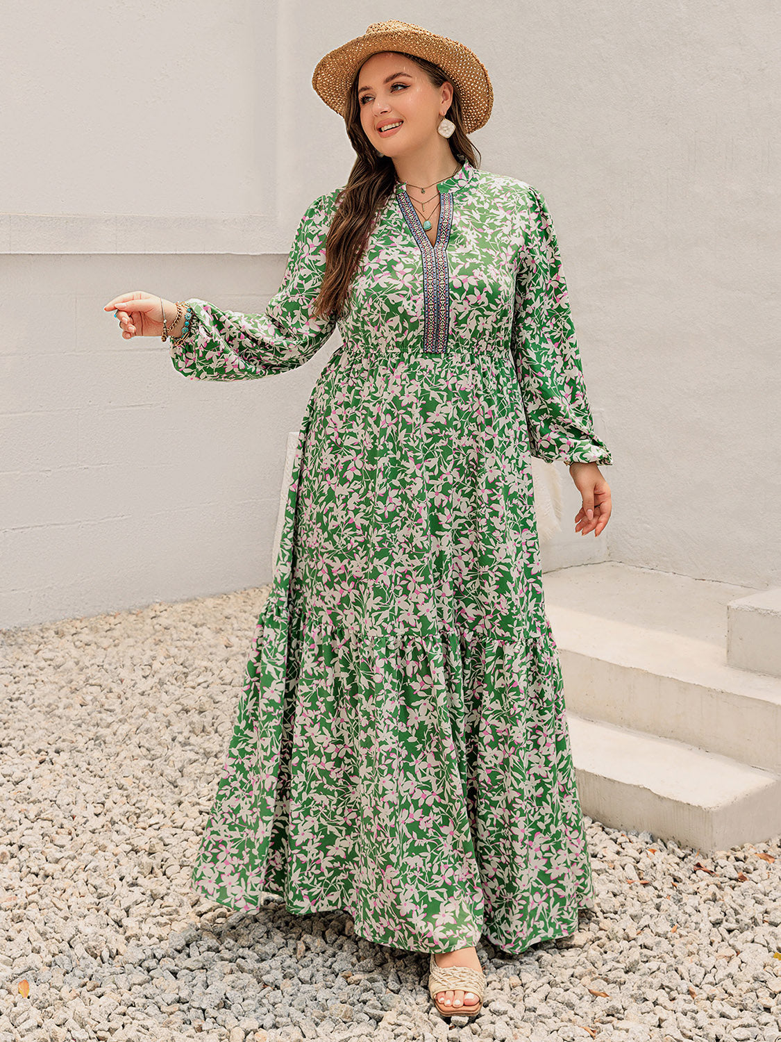 Plus Size Printed Notched Long Sleeve Maxi Dress 
