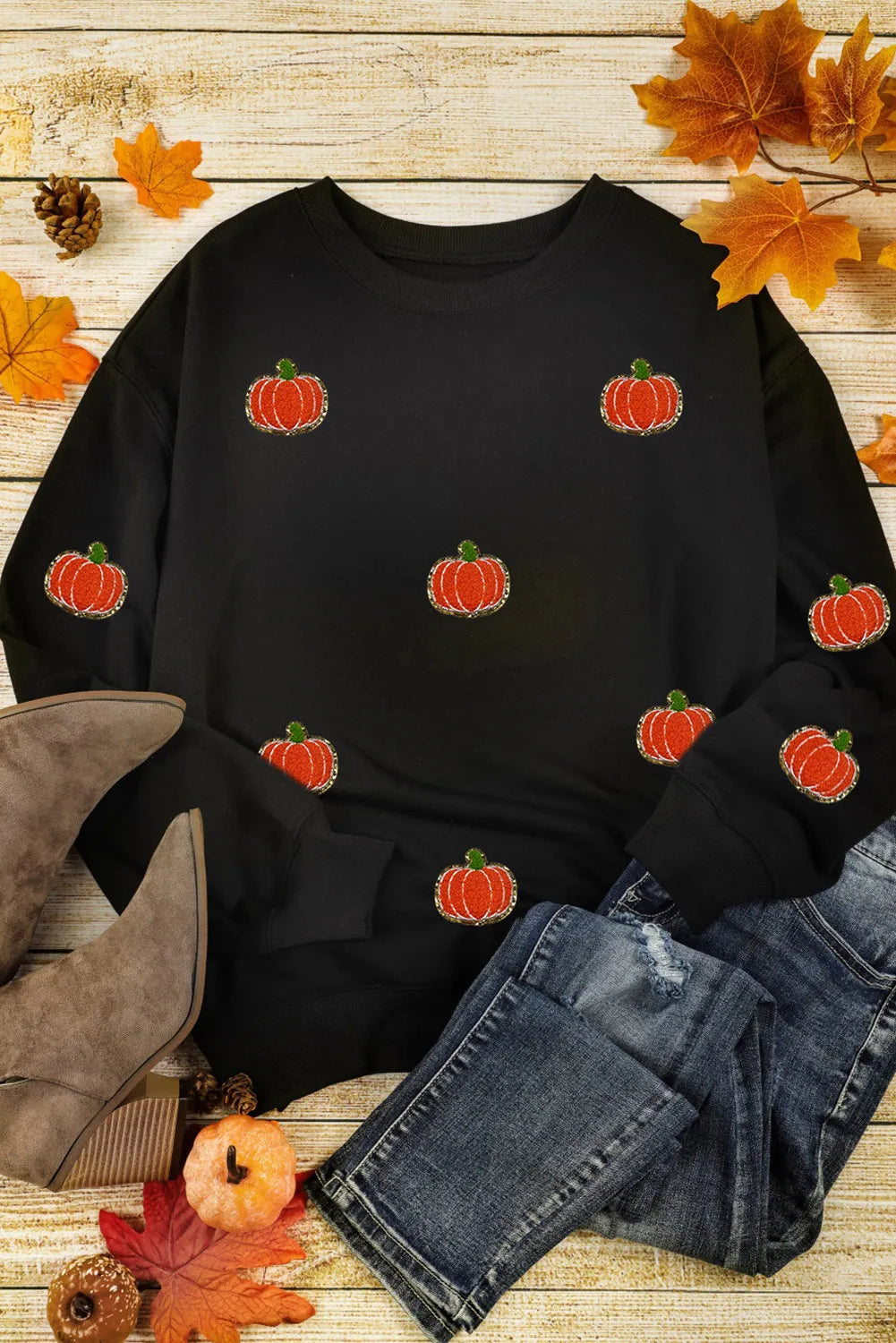 Pumpkin Round Neck Long Sleeve Sweatshirt 