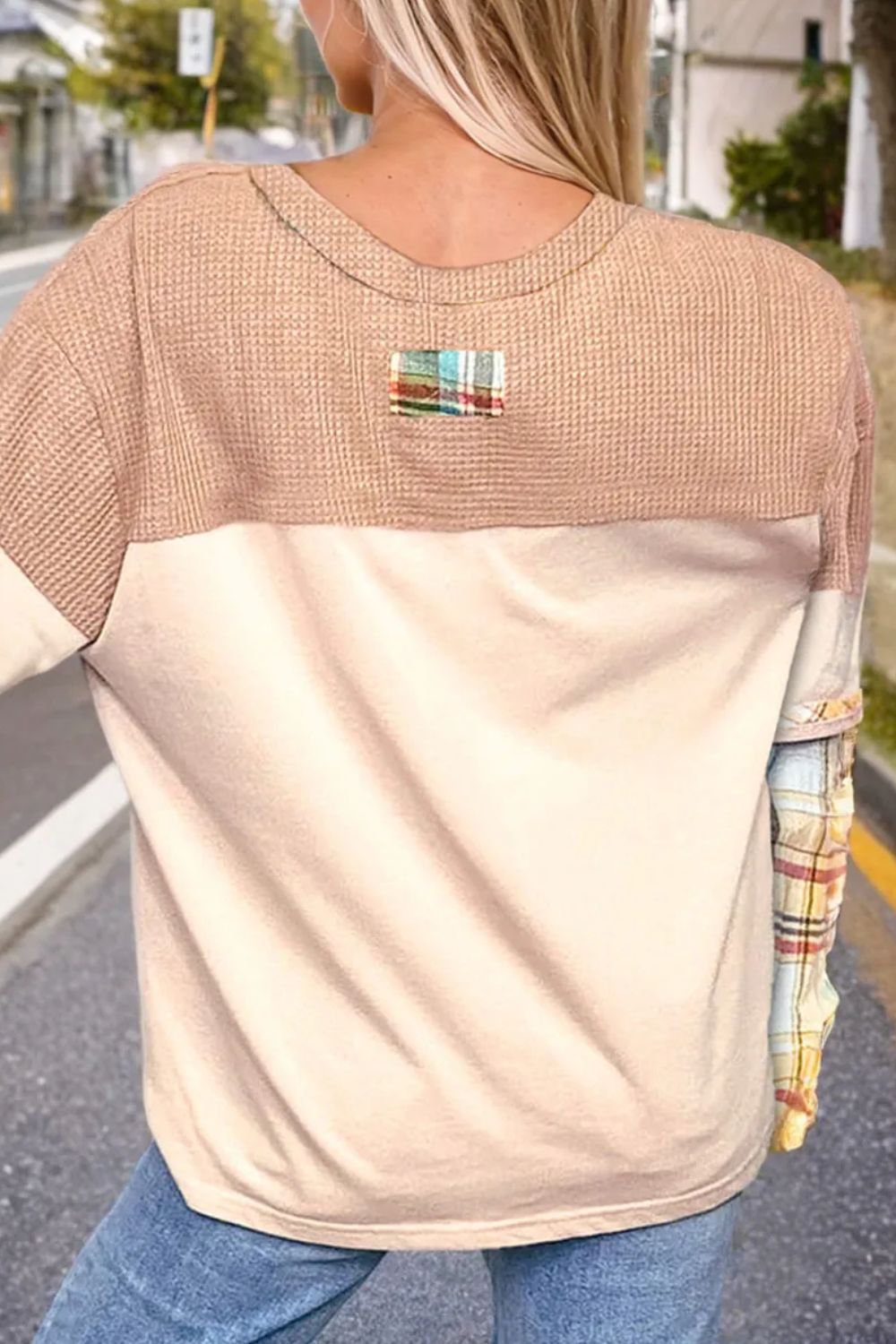 Plus Size Waffle-Knit Detail Plaid Round Neck Top 