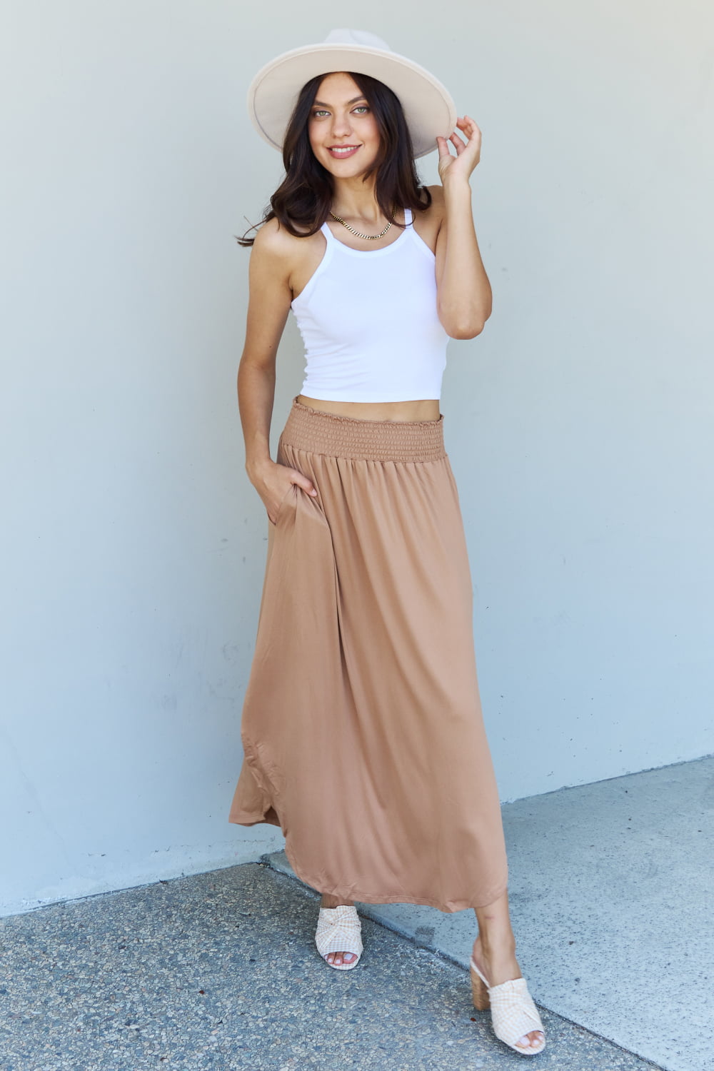 Doublju Comfort Princess Full Size High Waist Scoop Hem Maxi Skirt in Tan 