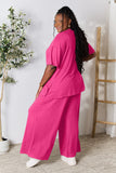 Double Take Full Size Round Neck Slit Top and Pants Set 