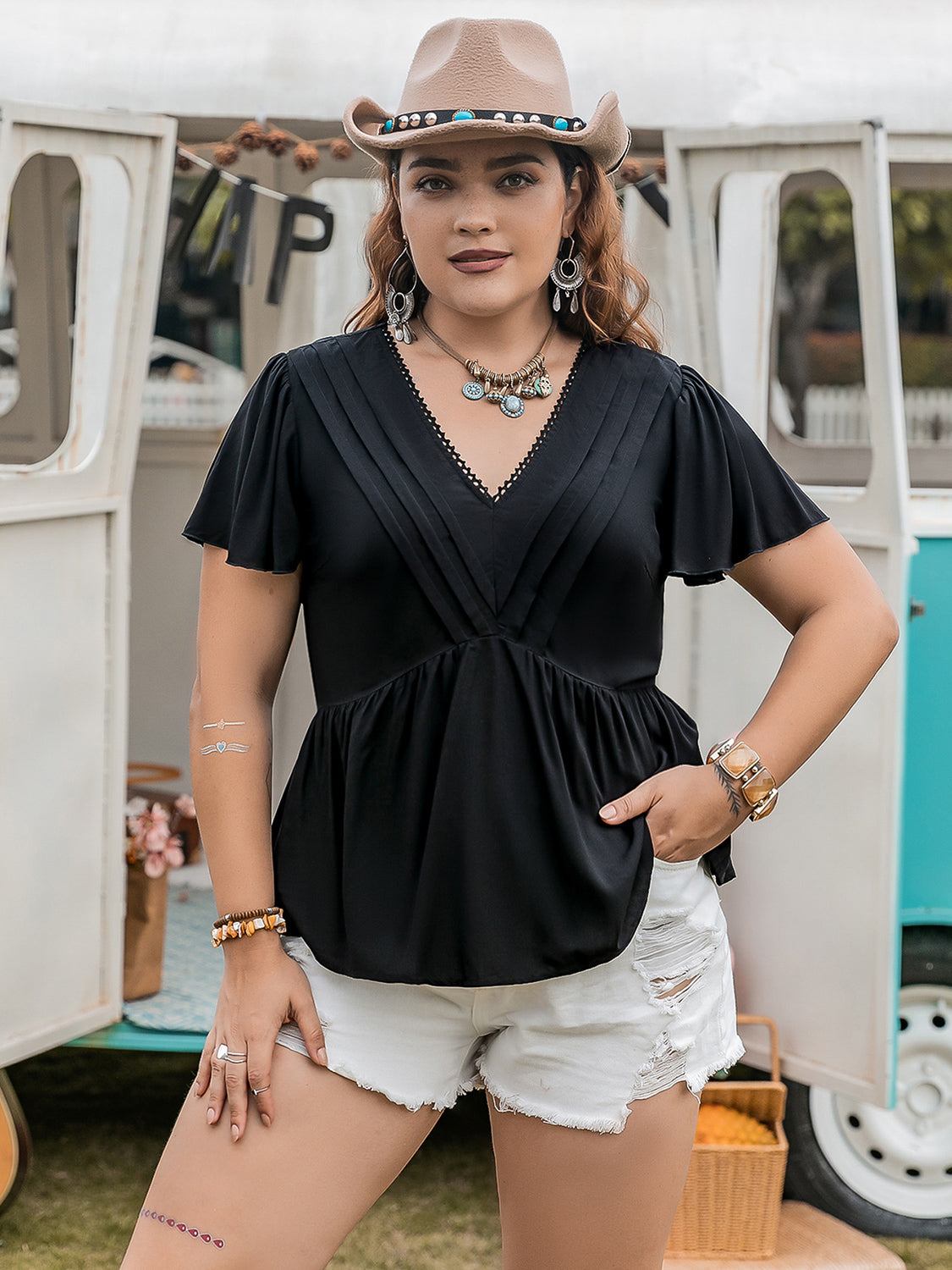 Plus Size V-Neck Flutter Sleeve Blouse 