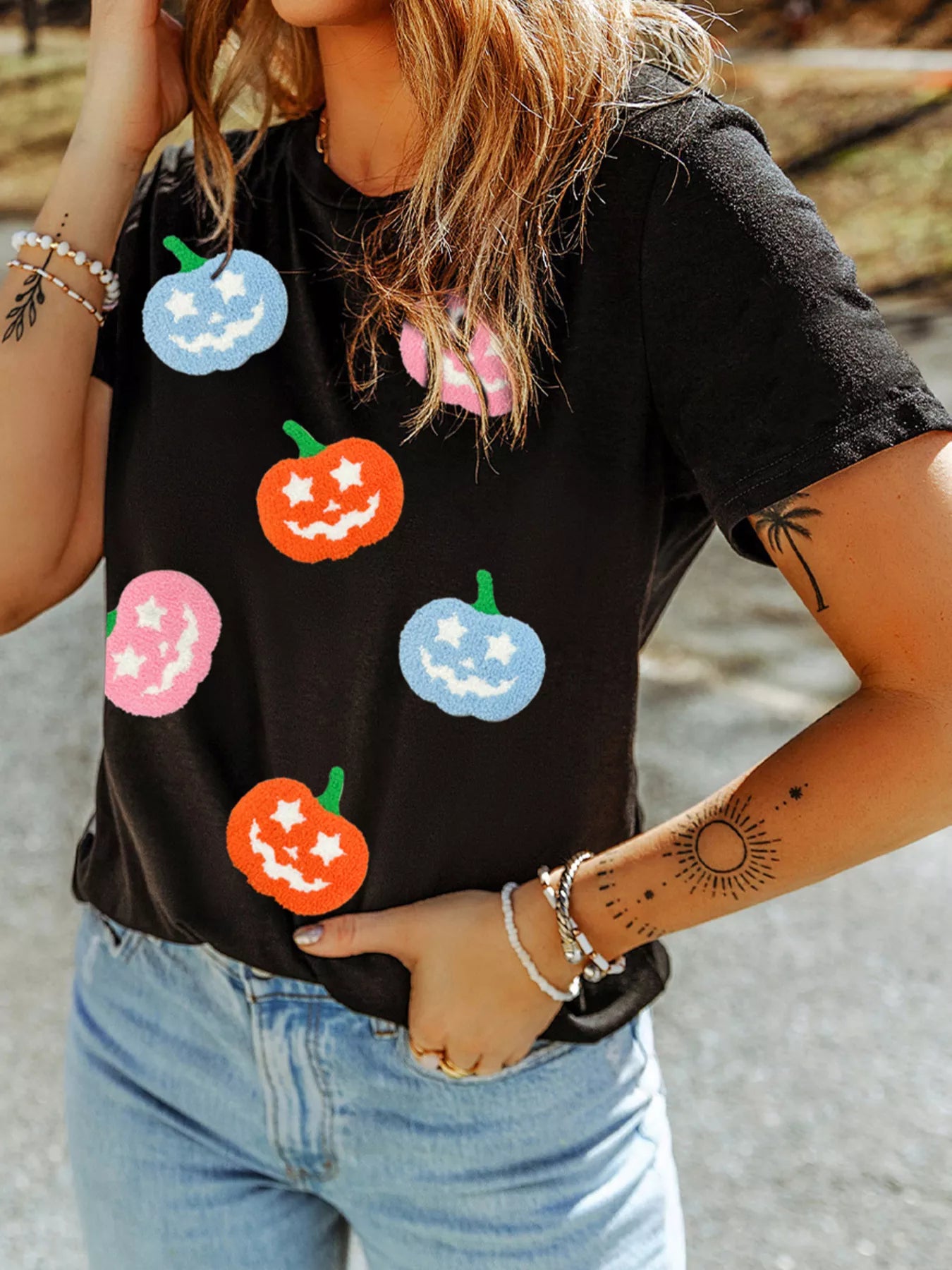 Chenille Pumpkin Patched Playful Halloween T Shirt 