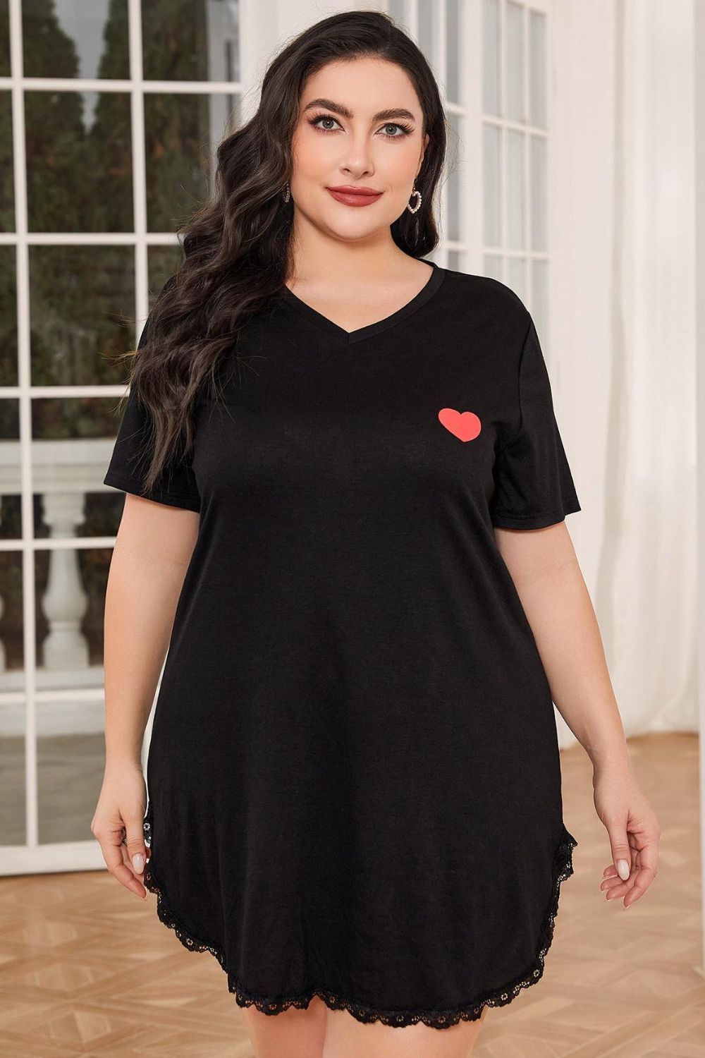 Plus Size Lace Trim V-Neck Short Sleeve Night Dress 