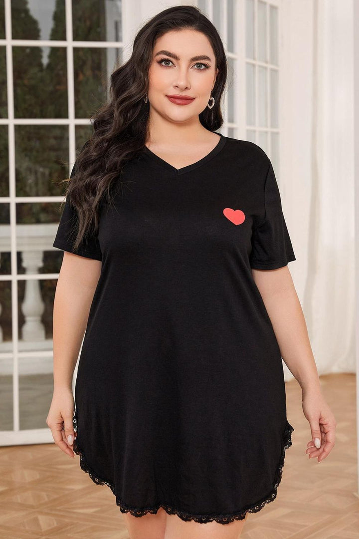 Plus Size Lace Trim V-Neck Short Sleeve Night Dress 