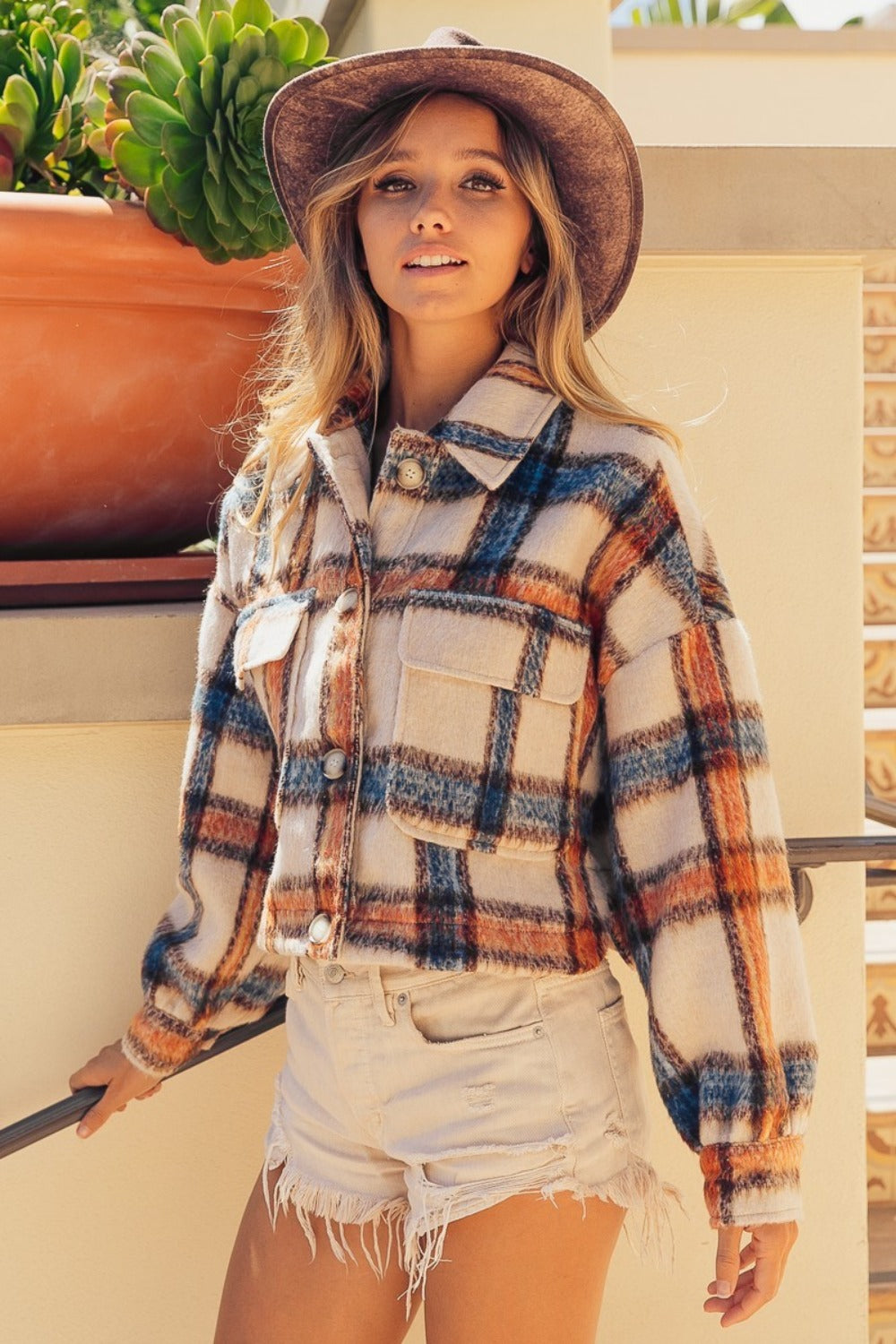 BiBi Brushed Plaid Crop Jacket with Pockets 