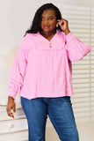 Double Take Exposed Seam Buttoned Notched Neck Blouse 