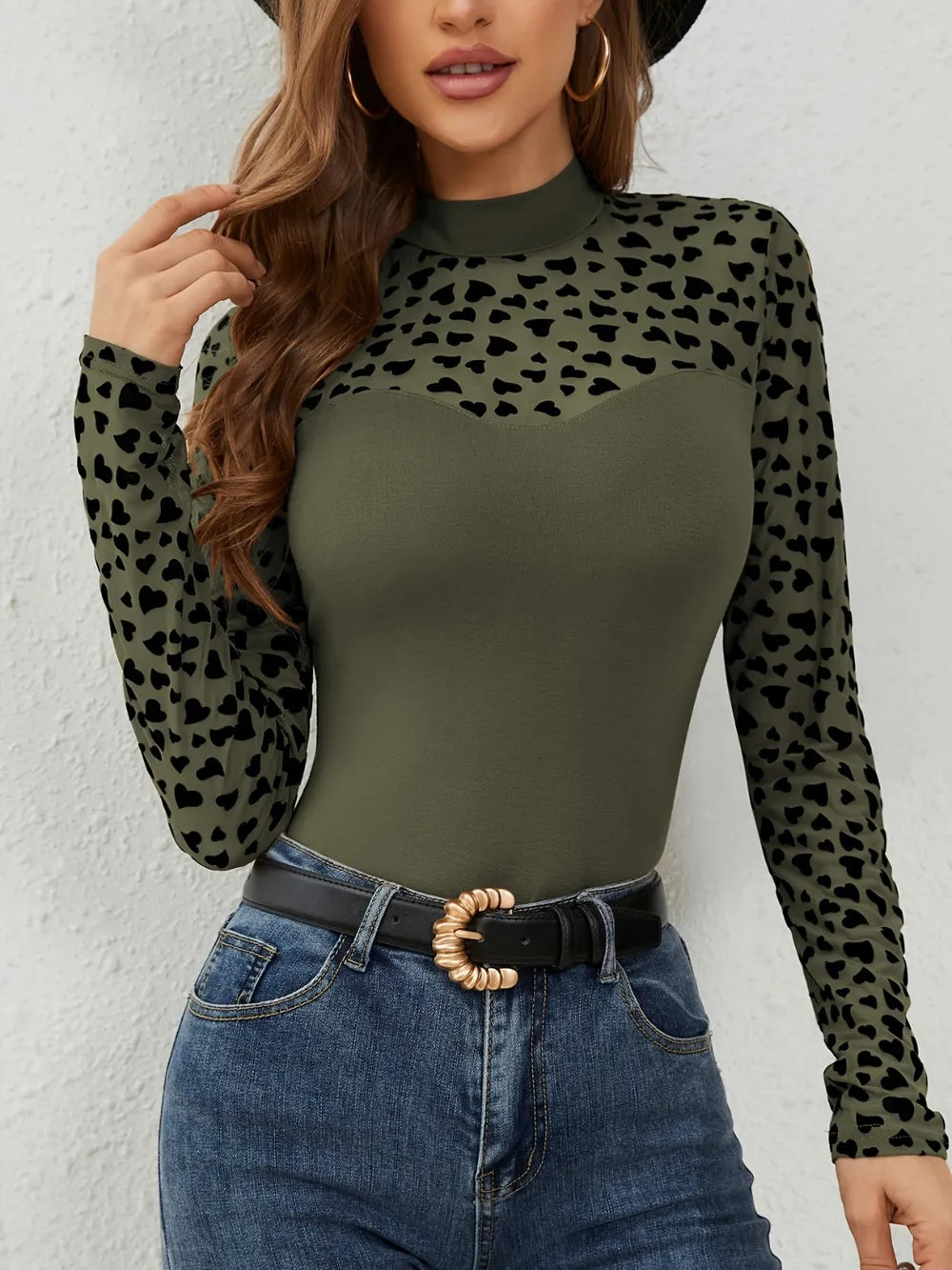 Heart Mock Neck Long Sleeve T-Shirt 