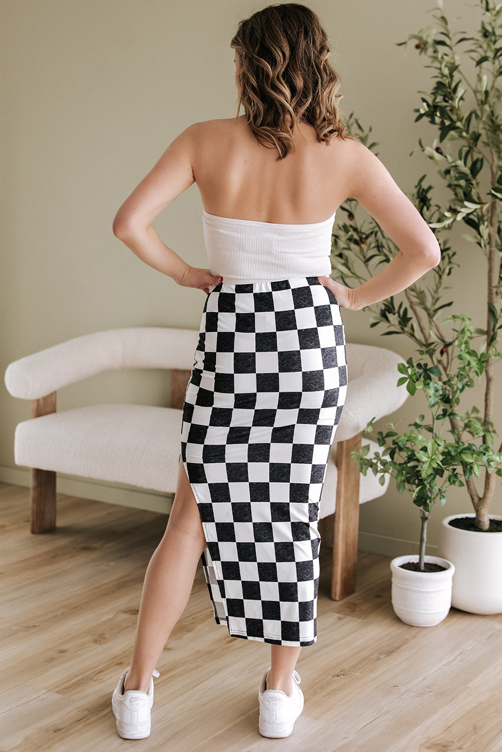 White Checkered Print Side Slit High Waist Midi Skirt Bottoms/Skirts & Petticoat