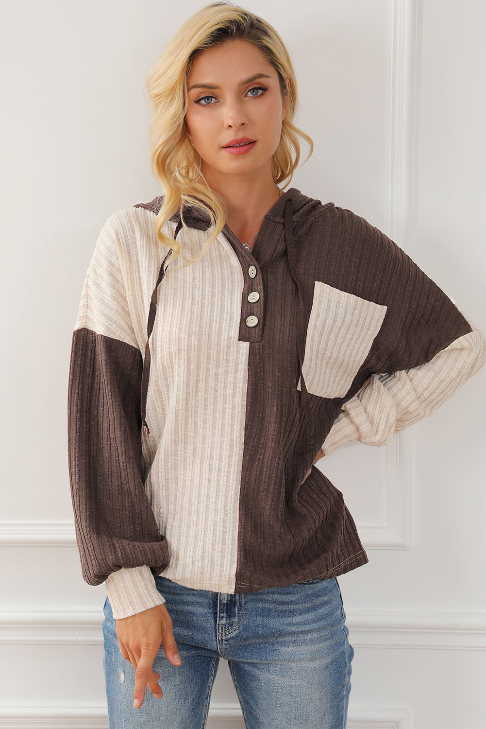 Color Block Quarter Button Long Sleeve Hoodie 