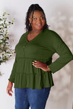 Double Take Half Button Long Sleeve Ruffle Hem Blouse 