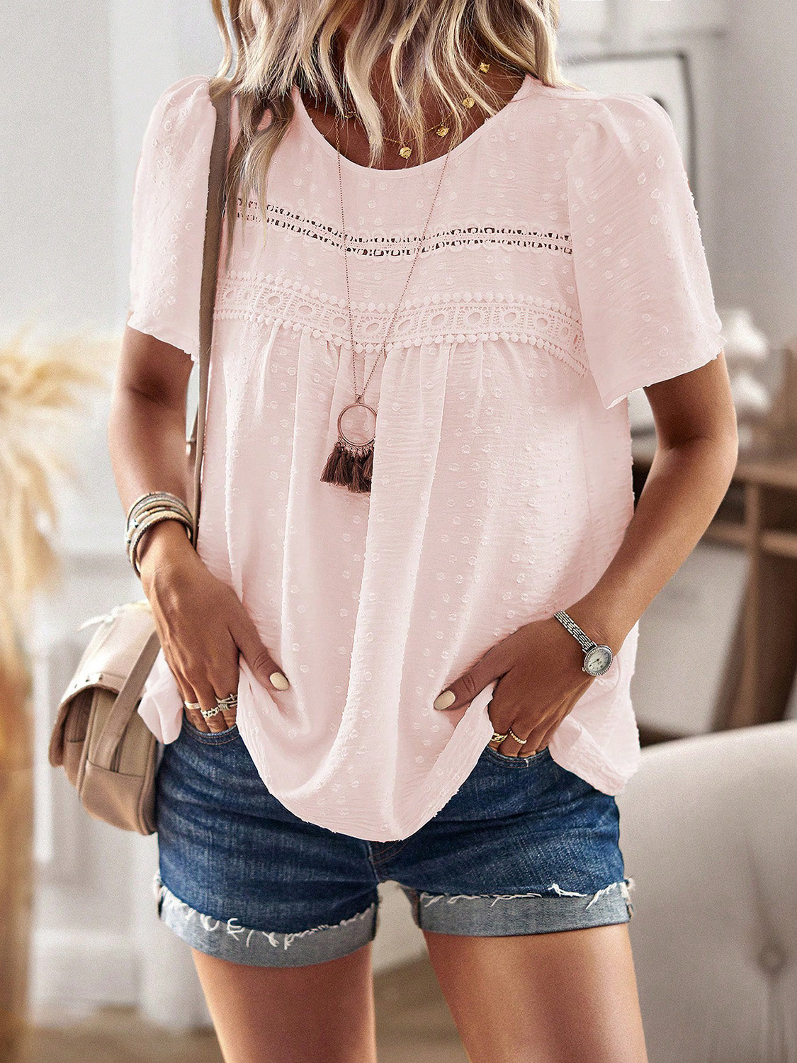 Devine Lace Detail Round Neck Short Sleeve Blouse 