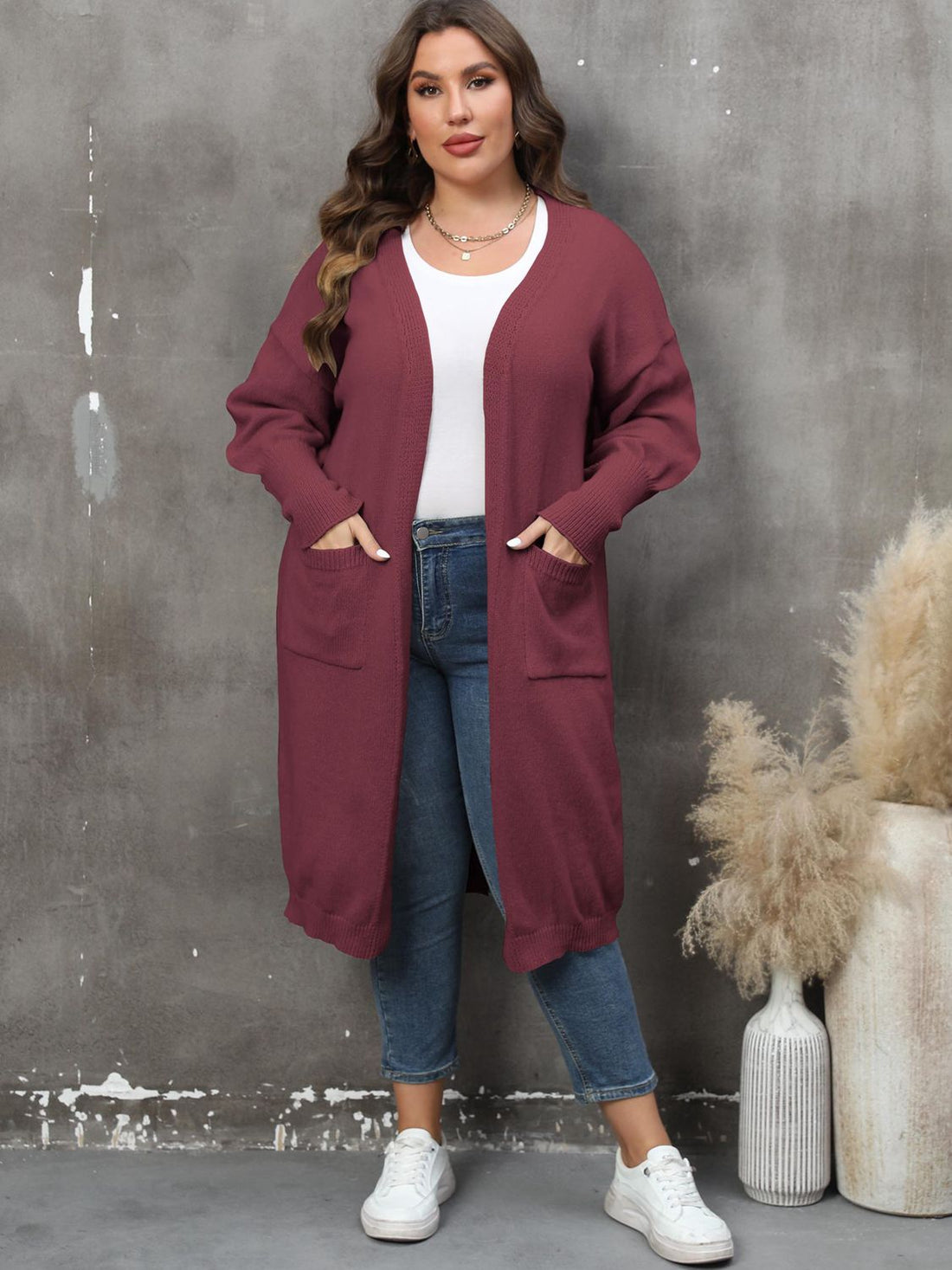 Plus Size Long Sleeve Pocketed Cardigan 
