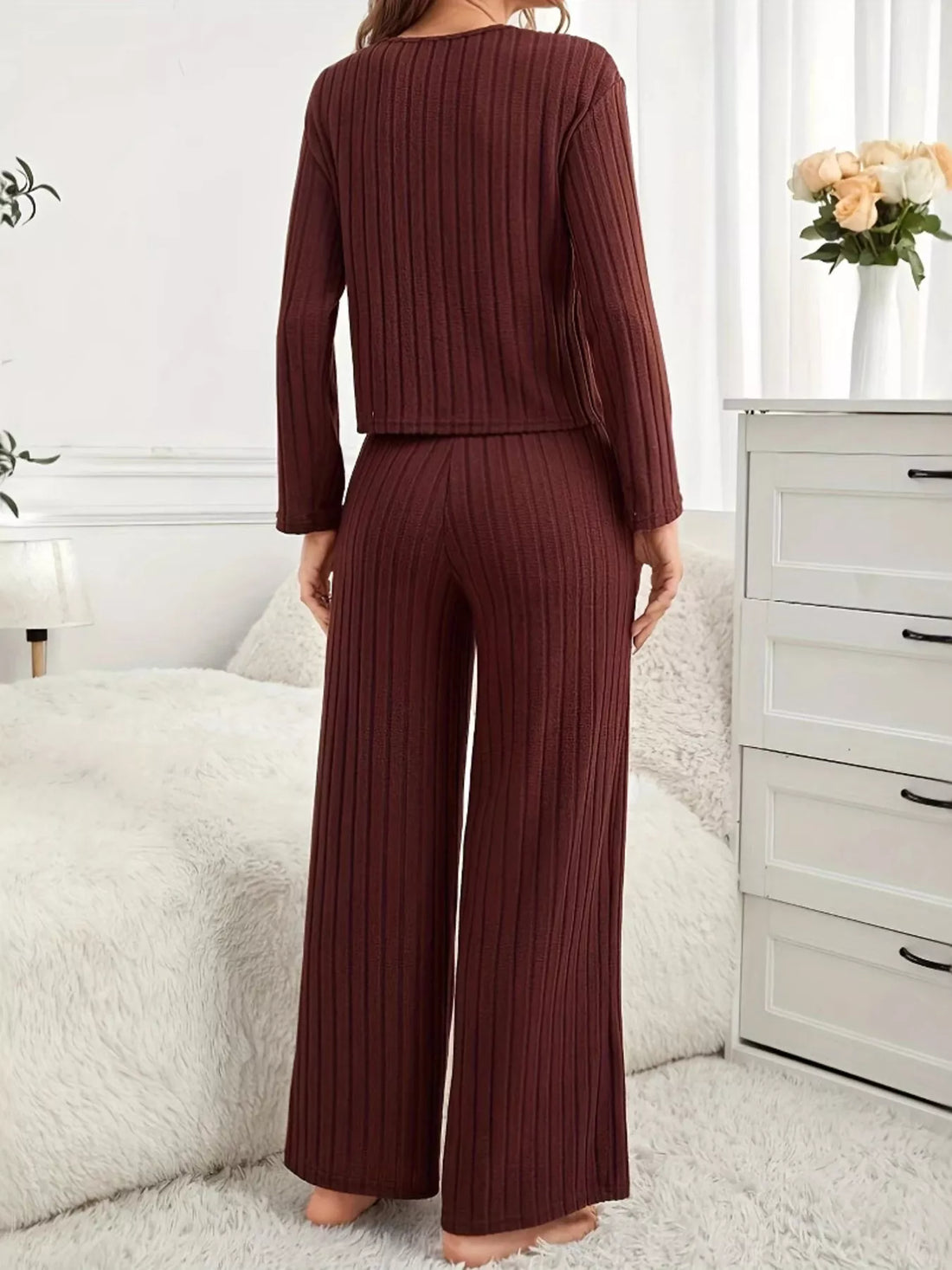 Ribbed Round Neck Long Sleeve Top and Pants Lounge Set Lingerie & Nightwear