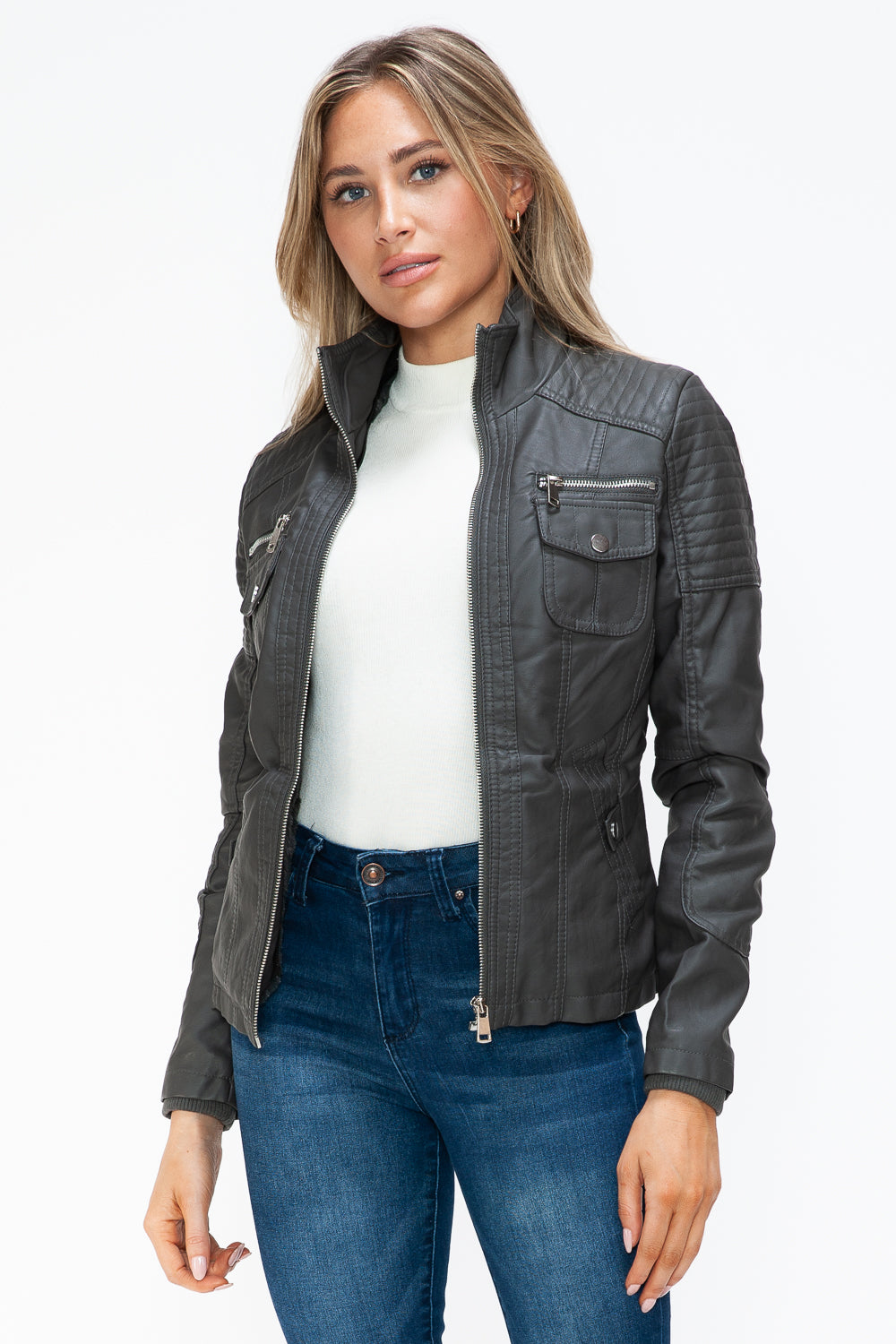 YMI Removable Faux Layered Multi-Pocket Jacket with Fuzzy Hood 