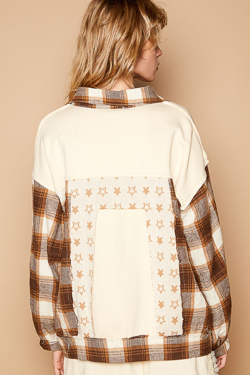 POL Plaid & Star Patchwork Contrast Long Sleeve Shacket 