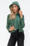 Snobbish Faux Leather Zip Up Drawstring Hooded Jacket 