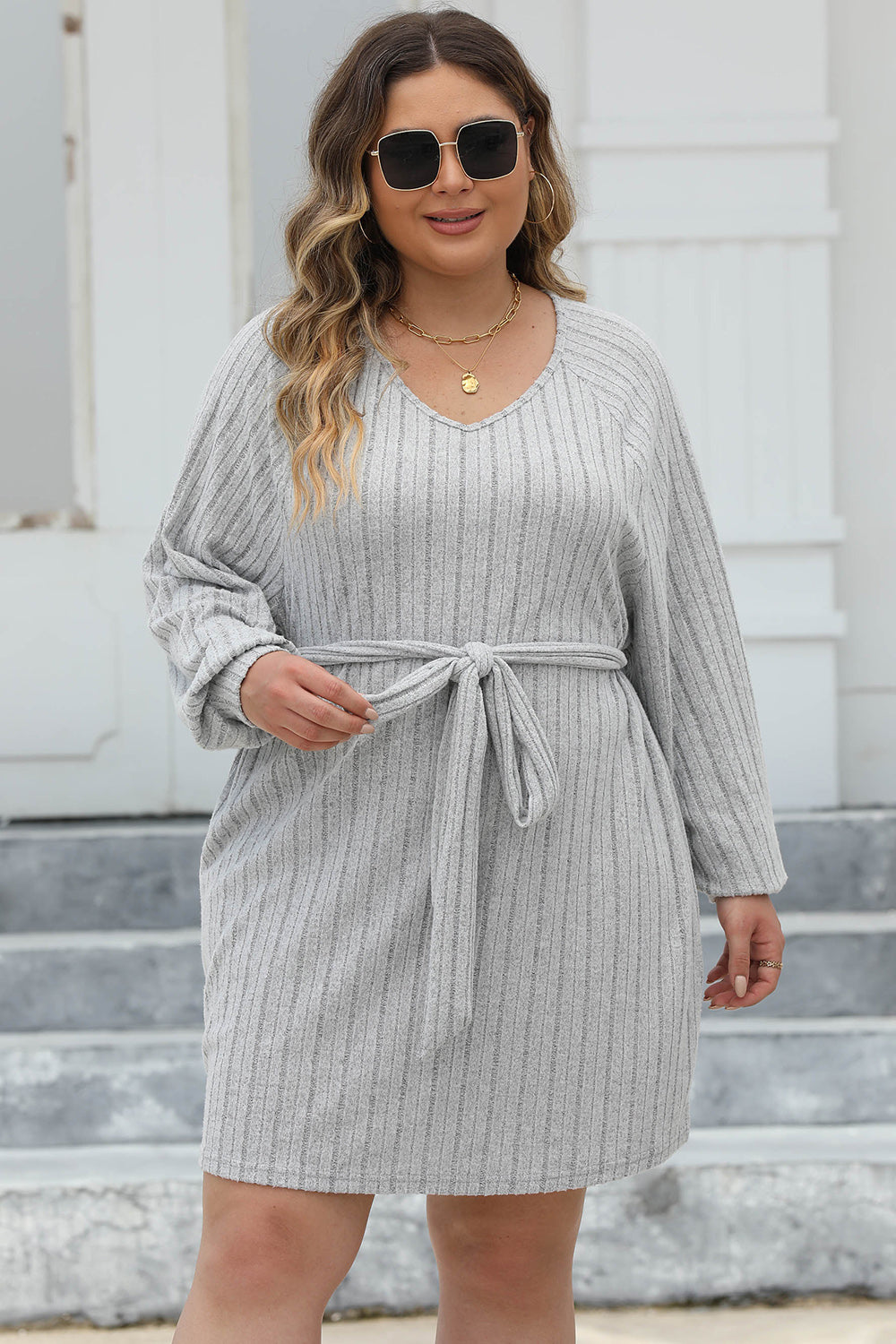 Plus Size Ribbed Tie Front Long Sleeve Sweater Dress 