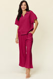 Double Take Full Size Texture Half Zip Short Sleeve Top and Pants Set 