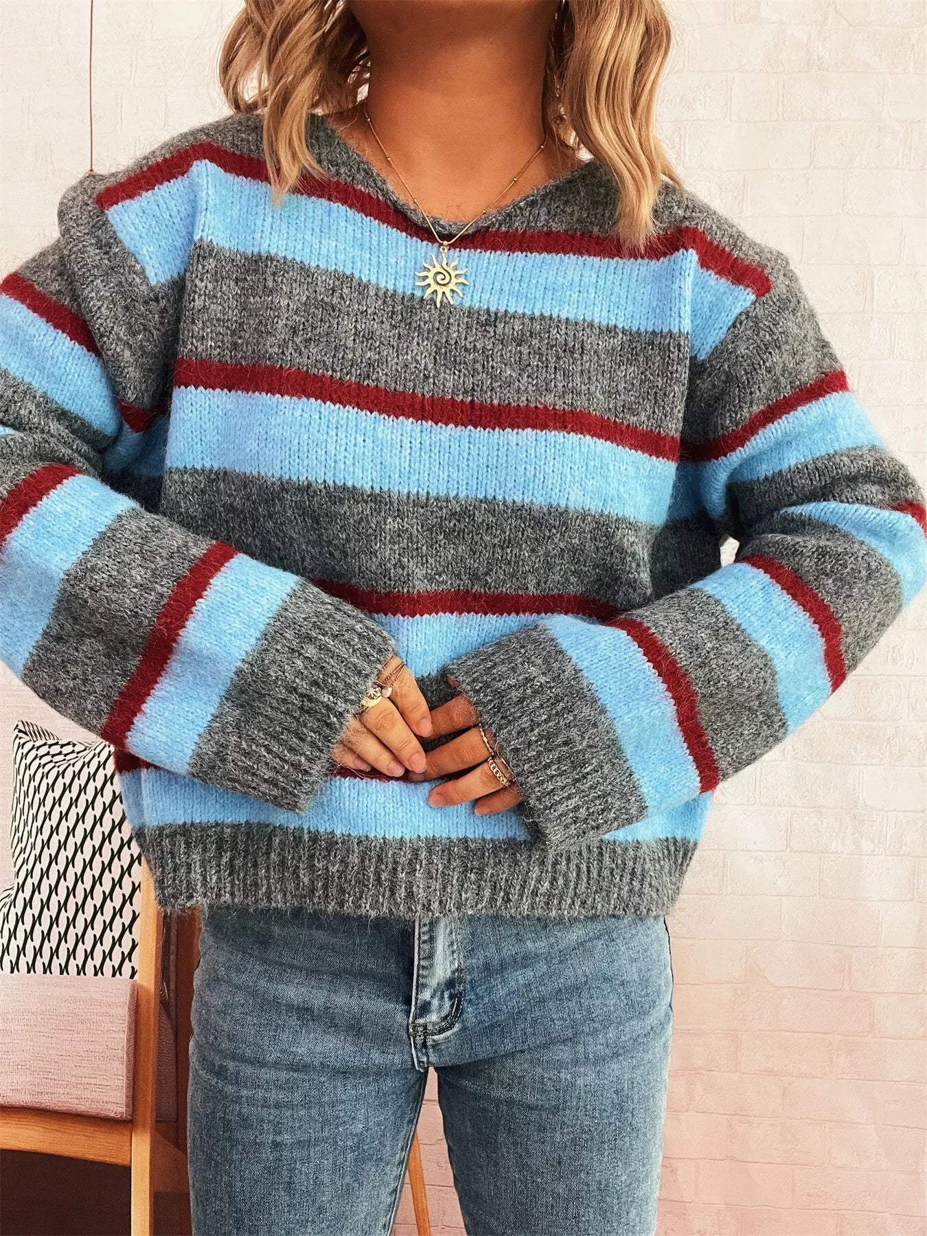 Striped Round Neck Long Sleeve Sweater 