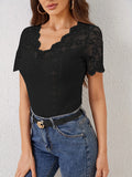 Lace Scalloped V-Neck Eyelet T-Shirt 