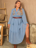 Plus Size Polka Dot Tie Neck Balloon Sleeve Maxi Dress 
