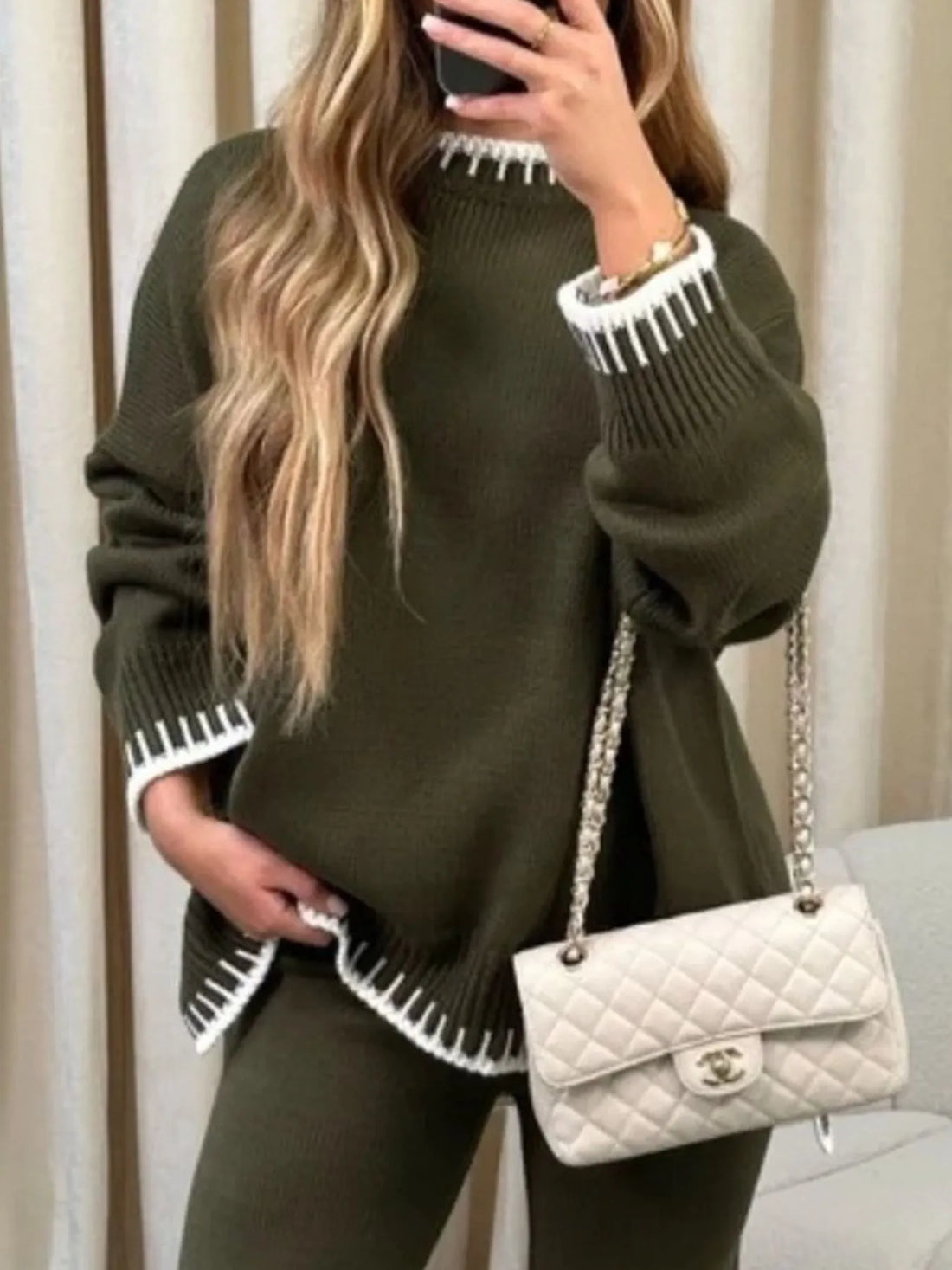 Contrast Trim Round Neck Top and Pants Sweater Set Two Piece Dresses