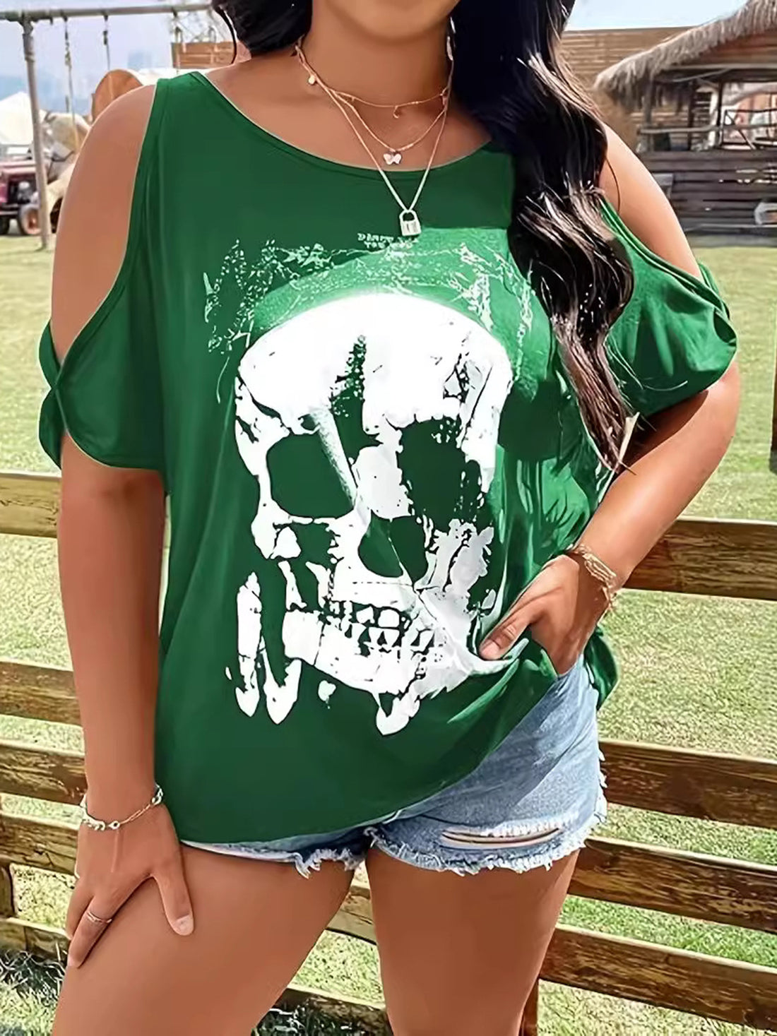 Plus Size Skeleton Graphic Round Neck Cold Shoulder T-Shirt 