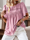 Devine Lace Detail Round Neck Short Sleeve Blouse 