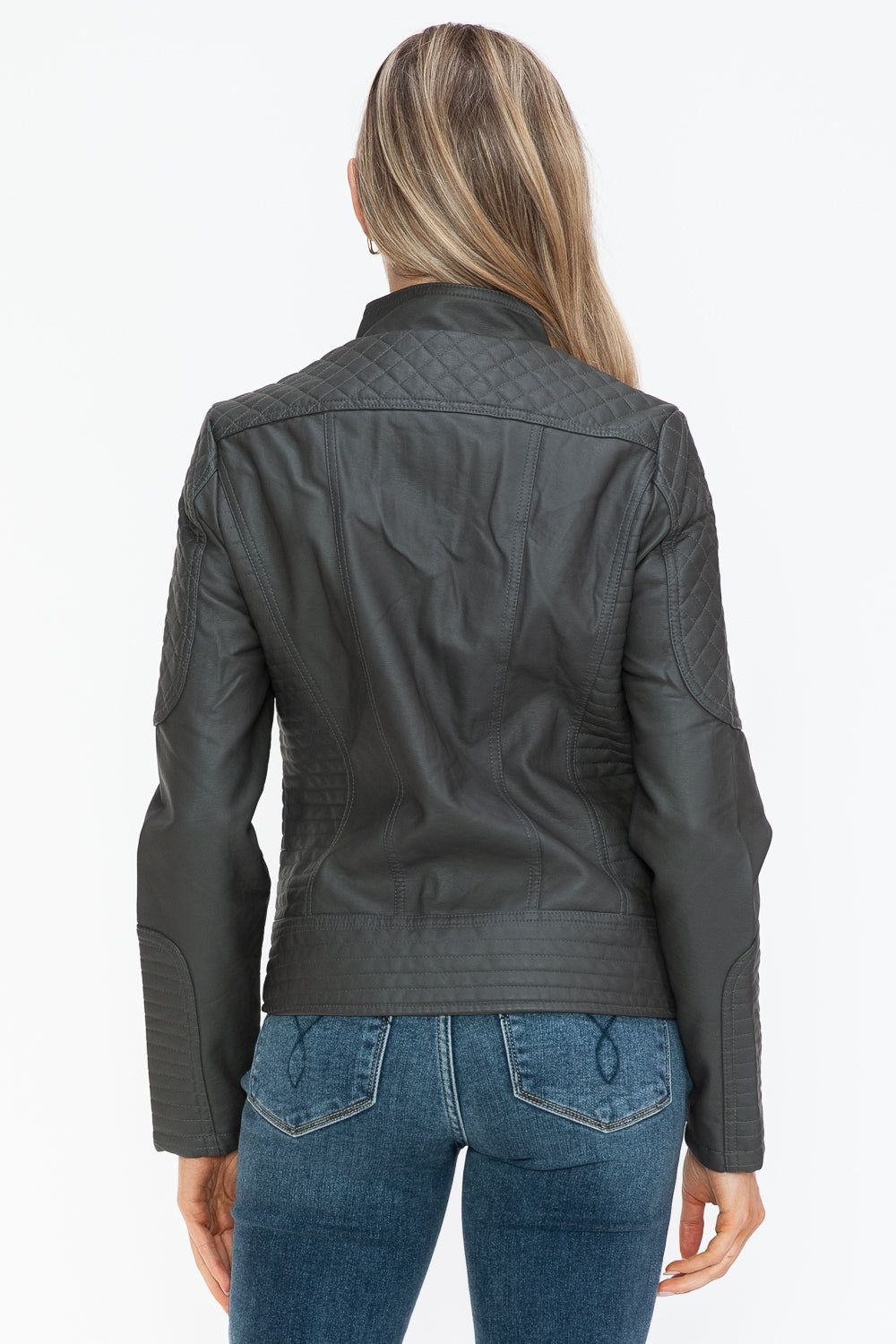 Snobbish Faux Leather Zip Up Mock Neck Jacket 