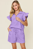 Double Take Full Size Texture Flounce Sleeve Top and Drawstring Shorts Set 