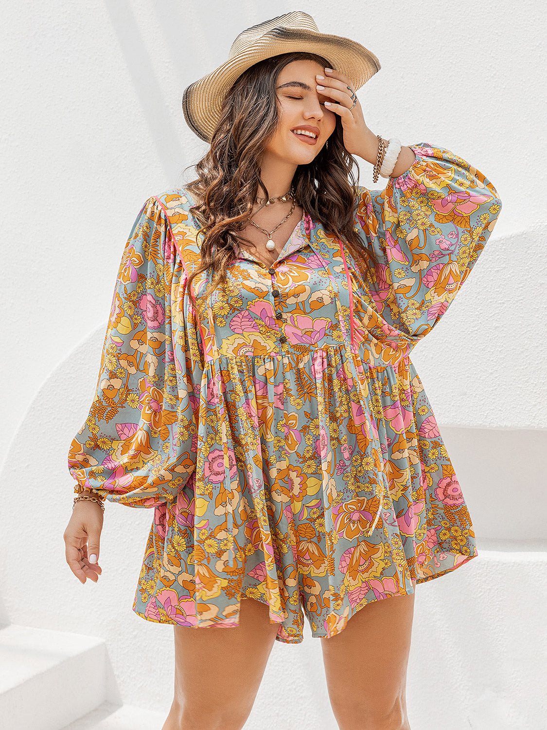 Plus Size Floral Tie Neck Balloon Sleeve Romper 